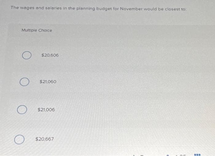 The wages and salaries in the planning budget for November would be closest to:
Multiple Choice
O
O
O
O
$20,606
$21,060
$21,006
$20,667
www