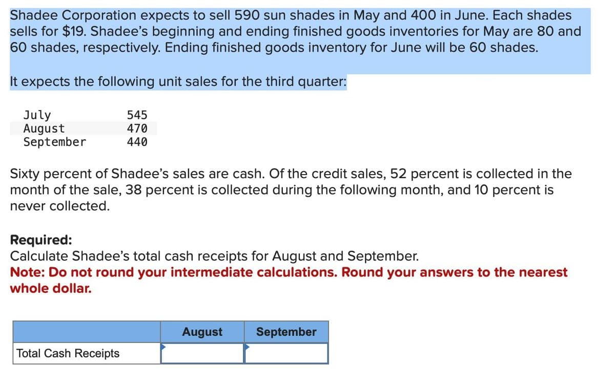 Shadee Corporation expects to sell 590 sun shades in May and 400 in June. Each shades
sells for $19. Shadee's beginning and ending finished goods inventories for May are 80 and
60 shades, respectively. Ending finished goods inventory for June will be 60 shades.
It expects the following unit sales for the third quarter:
July
August
September
545
470
440
Sixty percent of Shadee's sales are cash. Of the credit sales, 52 percent is collected in the
month of the sale, 38 percent is collected during the following month, and 10 percent is
never collected.
Required:
Calculate Shadee's total cash receipts for August and September.
Note: Do not round your intermediate calculations. Round your answers to the nearest
whole dollar.
Total Cash Receipts
August
September
