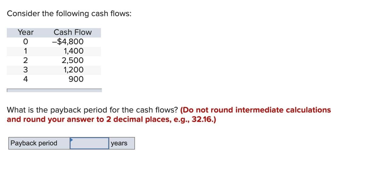 Consider the following cash flows:
Cash Flow
-$4,800
1,400
2,500
1,200
900
Year
What is the payback period for the cash flows? (Do not round intermediate calculations
and round
answer to 2 decimal places, e.
32.16.)
Payback period
years
-23 4
