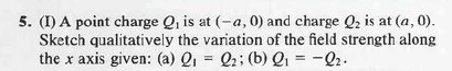 5. (I) A point charge Q₁ is at (-a, 0) and charge Q₂ is at (a,0).
Sketch qualitatively the variation of the field strength along
the x axis given: (a) Q₁ Q₂; (b) Q₁ = -Q₂.
=