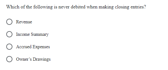 Which of the following is never debited when making closing entries?
Revenue
Income Summary
Accrued Expenses
O Owner's Drawings