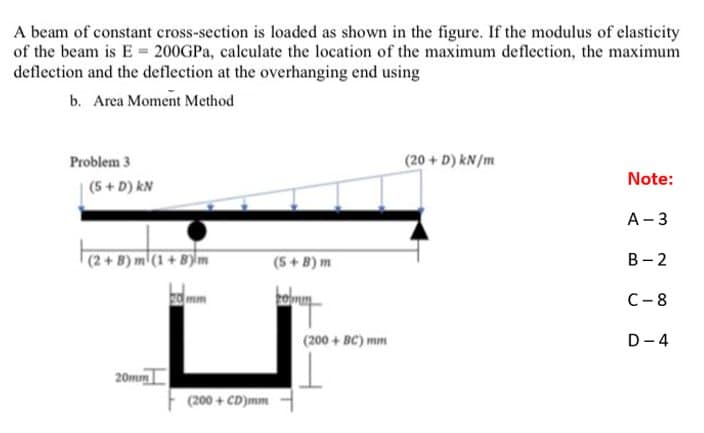 A beam of constant cross-section is loaded as shown in the figure. If the modulus of elasticity
of the beam is E200GPa, calculate the location of the maximum deflection, the maximum
deflection and the deflection at the overhanging end using
b. Area Moment Method
Problem 3
(5+ D) KN
(2+8) m
(2+8) m (1+B)m
20mm
(200+ CD)mm
(5+B) m
komm
(200+ BC) mm
(20 + D) kN/m
Note:
A-3
B-2
C-8
D-4