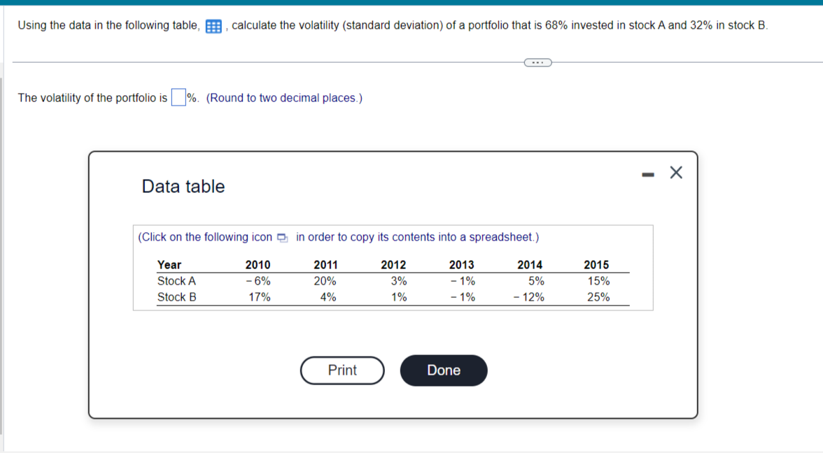 Using the data in the following table, calculate the volatility (standard deviation) of a portfolio that is 68% invested in stock A and 32% in stock B.
The volatility of the portfolio is ☐ %. (Round to two decimal places.)
Data table
(Click on the following icon in order to copy its contents into a spreadsheet.)
Year
2010
2011
2012
2013
2014
2015
Stock A
-6%
20%
3%
- 1%
5%
15%
Stock B
17%
4%
1%
-1%
- 12%
25%
Print
Done
-
☑