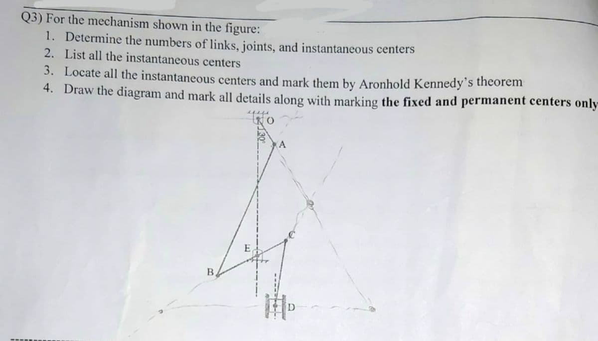 Q3) For the mechanism shown in the figure:
1. Determine the numbers of links, joints, and instantaneous centers
2. List all the instantaneous centers
3. Locate all the instantaneous centers and mark them by Aronhold Kennedy's theorem
4. Draw the diagram and mark all details along with marking the fixed and permanent centers only
ye
B.
11.
miniszha