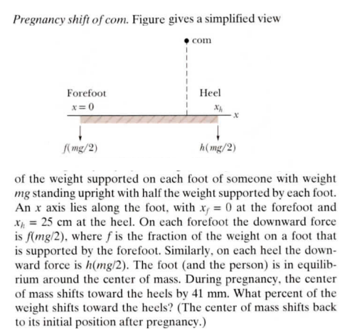 Pregnancy shift of com. Figure gives a simplified view
Forefoot
x=0
f(mg/2)
com
Heel
-x
h(mg/2)
of the weight supported on each foot of someone with weight
mg standing upright with half the weight supported by each foot.
An x axis lies along the foot, with x = 0 at the forefoot and
x = 25 cm at the heel. On each forefoot the downward force
is f(mg/2), where f is the fraction of the weight on a foot that
is supported by the forefoot. Similarly, on each heel the down-
ward force is h(mg/2). The foot (and the person) is in equilib-
rium around the center of mass. During pregnancy, the center
of mass shifts toward the heels by 41 mm. What percent of the
weight shifts toward the heels? (The center of mass shifts back
to its initial position after pregnancy.)