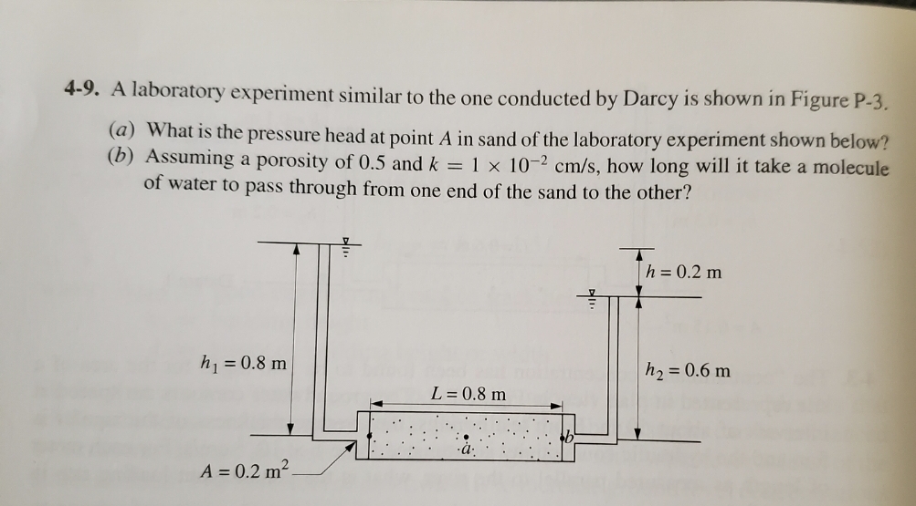 4-9. A laboratory experiment similar to the one conducted by Darcy is shown in Figure P-3.
(a) What is the pressure head at point A in sand of the laboratory experiment shown below?
(b) Assuming a porosity of 0.5 and k = 1 x 10-2 cm/s, how long will it take a molecule
of water to pass through from one end of the sand to the other?
h₁ = 0.8 m
A = 0.2 m².
L = 0.8 m
h = 0.2 m
h₂ = 0.6 m