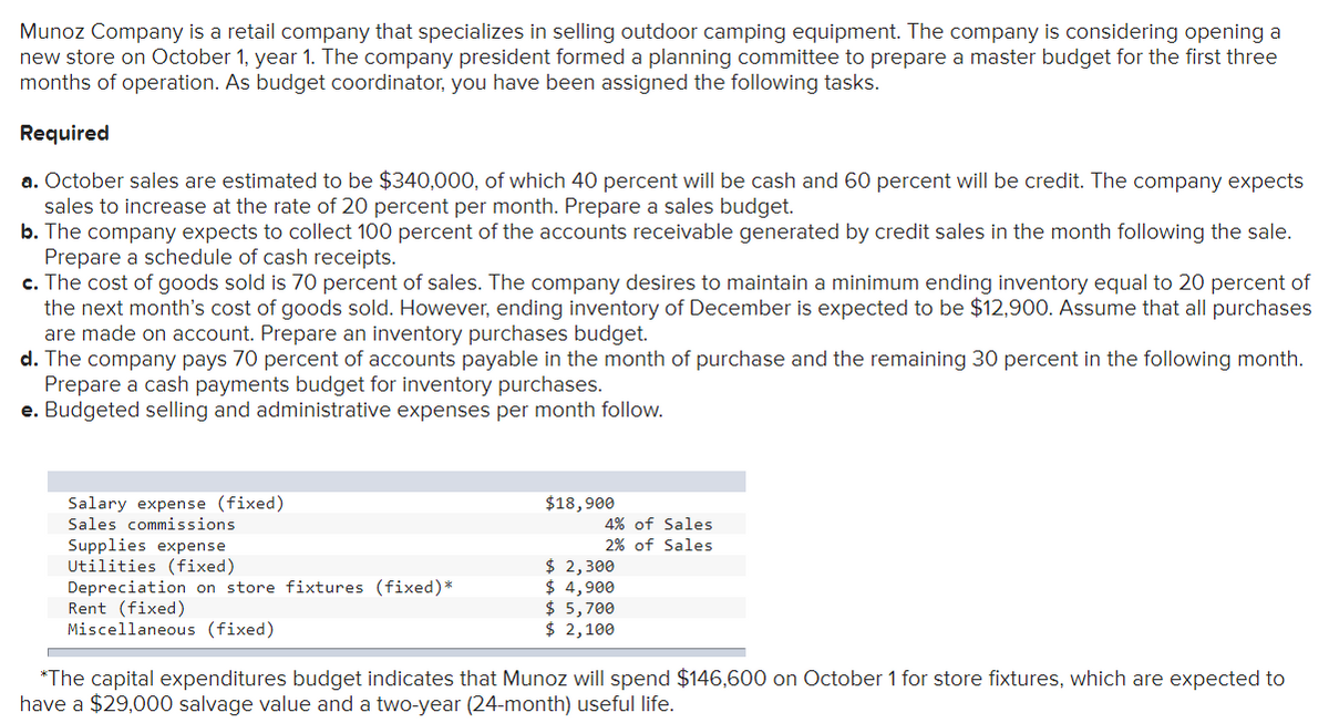 Munoz Company is a retail company that specializes in selling outdoor camping equipment. The company is considering opening a
new store on October 1, year 1. The company president formed a planning committee to prepare a master budget for the first three
months of operation. As budget coordinator, you have been assigned the following tasks.
Required
a. October sales are estimated to be $340,000, of which 40 percent will be cash and 60 percent will be credit. The company expects
sales to increase at the rate of 20 percent per month. Prepare a sales budget.
b. The company expects to collect 100 percent of the accounts receivable generated by credit sales in the month following the sale.
Prepare a schedule of cash receipts.
c. The cost of goods sold is 70 percent of sales. The company desires to maintain a minimum ending inventory equal to 20 percent of
the next month's cost of goods sold. However, ending inventory of December is expected to be $12,900. Assume that all purchases
are made on account. Prepare an inventory purchases budget.
d. The company pays 70 percent of accounts payable in the month of purchase and the remaining 30 percent in the following month.
Prepare a cash payments budget for inventory purchases.
e. Budgeted selling and administrative expenses per month follow.
Salary expense (fixed)
Sales commissions
Supplies expense
Utilities (fixed)
Depreciation on store fixtures (fixed)*
Rent (fixed)
Miscellaneous (fixed)
$18,900
4% of Sales
2% of Sales
$ 2,300
$ 4,900
$ 5,700
$ 2,100
*The capital expenditures budget indicates that Munoz will spend $146,600 on October 1 for store fixtures, which are expected to
have a $29,000 salvage value and a two-year (24-month) useful life.