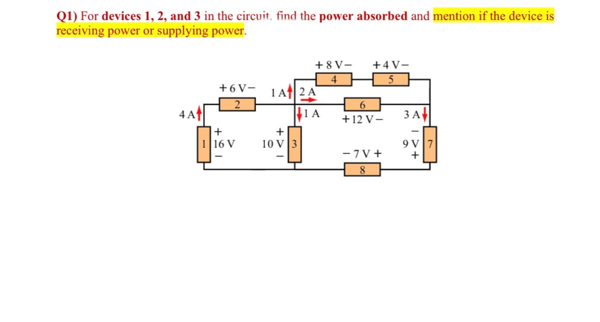 Q1) For devices 1, 2, and 3 in the circuit, find the power absorbed and mention if the device is
receiving power or supplying power.
+ 8 V-
+4 V-
4
+6V-
1 Af2 A
6.
4 A
|1 A
ЗА
+12 V–
+
+
16 V
10 V3
9 V
- 7 V +
+
