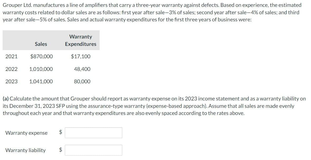 Grouper Ltd. manufactures a line of amplifiers that carry a three-year warranty against defects. Based on experience, the estimated
warranty costs related to dollar sales are as follows: first year after sale-3% of sales; second year after sale-4% of sales; and third
year after sale-5% of sales. Sales and actual warranty expenditures for the first three years of business were:
Sales
Warranty
Expenditures
2021
$870,000
$17,100
2022
1,010,000
48,400
2023
1,041,000
80,000
(a) Calculate the amount that Grouper should report as warranty expense on its 2023 income statement and as a warranty liability on
its December 31, 2023 SFP using the assurance-type warranty (expense-based approach). Assume that all sales are made evenly
throughout each year and that warranty expenditures are also evenly spaced according to the rates above.
Warranty expense
$
Warranty liability
$