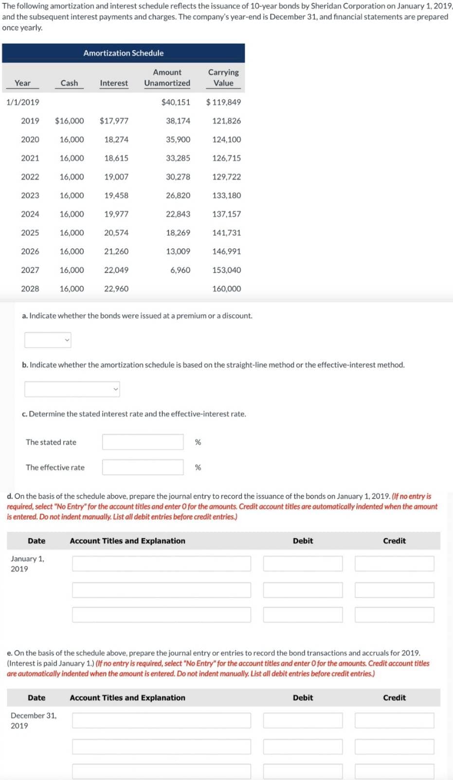 The following amortization and interest schedule reflects the issuance of 10-year bonds by Sheridan Corporation on January 1, 2019.
and the subsequent interest payments and charges. The company's year-end is December 31, and financial statements are prepared
once yearly.
Year
1/1/2019
2020
2019 $16,000
2021
2022
2023
2024
2025
2026
2027
2028
Cash
Amortization Schedule
16,000
Date
16,000
16,000
January 1,
2019
16,000
Date
16,000
The stated rate
December 31,
2019
16,000
The effective rate
Interest
$17,977
18,274
16,000
19,977
16,000 20,574
16,000
21,260
18,615
19,007
19,458
22,049
22,960
Carrying
Value
$40,151 $119,849
38,174
35,900
33,285
Amount
Unamortized
30,278
26,820
22,843
18,269
13,009
6,960
a. Indicate whether the bonds were issued at a premium or a discount.
b. Indicate whether the amortization schedule is based on the straight-line method or the effective-interest method.
c. Determine the stated interest rate and the effective-interest rate.
121,826
Account Titles and Explanation
124,100
%
126,715
%
d. On the basis of the schedule above, prepare the journal entry to record the issuance of the bonds on January 1, 2019. (If no entry is
required, select "No Entry" for the account titles and enter O for the amounts. Credit account titles are automatically indented when the amount
is entered. Do not indent manually. List all debit entries before credit entries.)
Account Titles and Explanation
129,722
133,180
137,157
141,731
146,991
153,040
160,000
e. On the basis of the schedule above, prepare the journal entry or entries to record the bond transactions and accruals for 2019.
(Interest is paid January 1.) (If no entry is required, select "No Entry" for the account titles and enter O for the amounts. Credit account titles
are automatically indented when the amount is entered. Do not indent manually. List all debit entries before credit entries.)
Debit
Credit
Debit
Credit