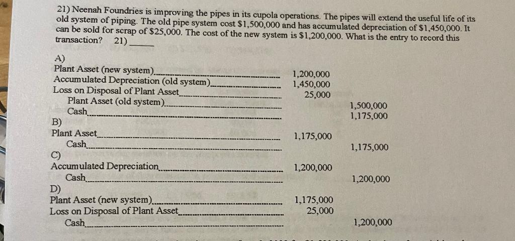 21) Neenah Foundries is improving the pipes in its cupola operations. The pipes will extend the useful life of its
old system of piping. The old pipe system cost $1,500,000 and has accumulated depreciation of $1,450,000. It
can be sold for scrap of $25,000. The cost of the new system is $1,200,000. What is the entry to record this
transaction? 21)
A)
Plant Asset (new system).
Accumulated Depreciation (old system)
Loss on Disposal of Plant Asset_
Plant Asset (old system).
Cash
B)
Plant Asset.
Cash
C)
Accumulated Depreciation...
Cash
D)
Plant Asset (new system)..
Loss on Disposal of Plant Asset
Cash
1,200,000
1,450,000
25,000
1,175,000
1,200,000
1,175,000
25,000
1,500,000
1,175,000
1,175,000
1,200,000
1,200,000