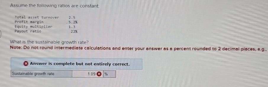 Assume the following ratios are constant:
Profit margin
Total asset turnover
2.5
5.2%
Equity multiplier
1.3
Payout ratio
22%
What is the sustainable growth rate?
Note: Do not round intermediate calculations and enter your answer as a percent rounded to 2 decimal places, e.g.,
Answer is complete but not entirely correct.
Sustainable growth rate
1.09
%