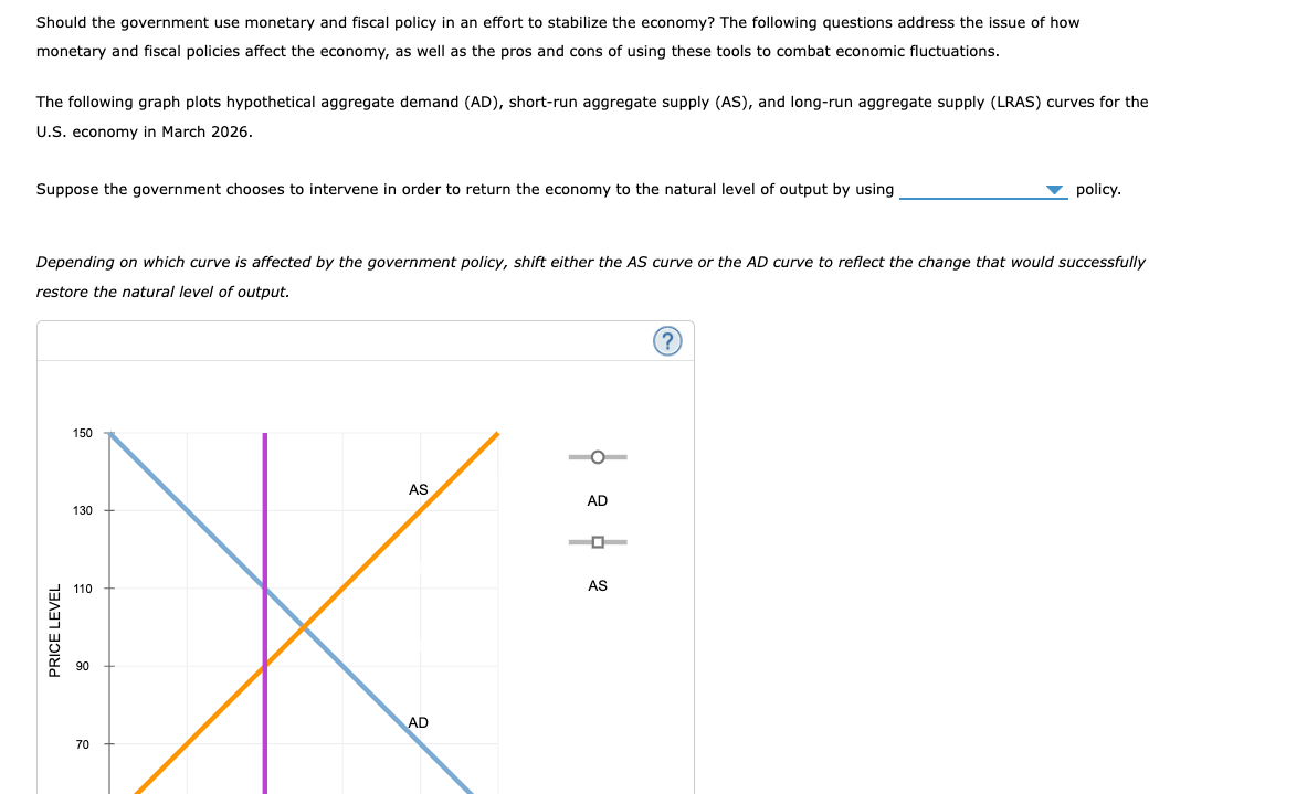 PRICE LEVEL
Should the government use monetary and fiscal policy in an effort to stabilize the economy? The following questions address the issue of how
monetary and fiscal policies affect the economy, as well as the pros and cons of using these tools to combat economic fluctuations.
The following graph plots hypothetical aggregate demand (AD), short-run aggregate supply (AS), and long-run aggregate supply (LRAS) curves for the
U.S. economy in March 2026.
Suppose the government chooses to intervene in order to return the economy to the natural level of output by using
policy.
Depending on which curve is affected by the government policy, shift either the AS curve or the AD curve to reflect the change that would successfully
restore the natural level of output.
150
AS
AD
130
110
90
70
AD
AS
?