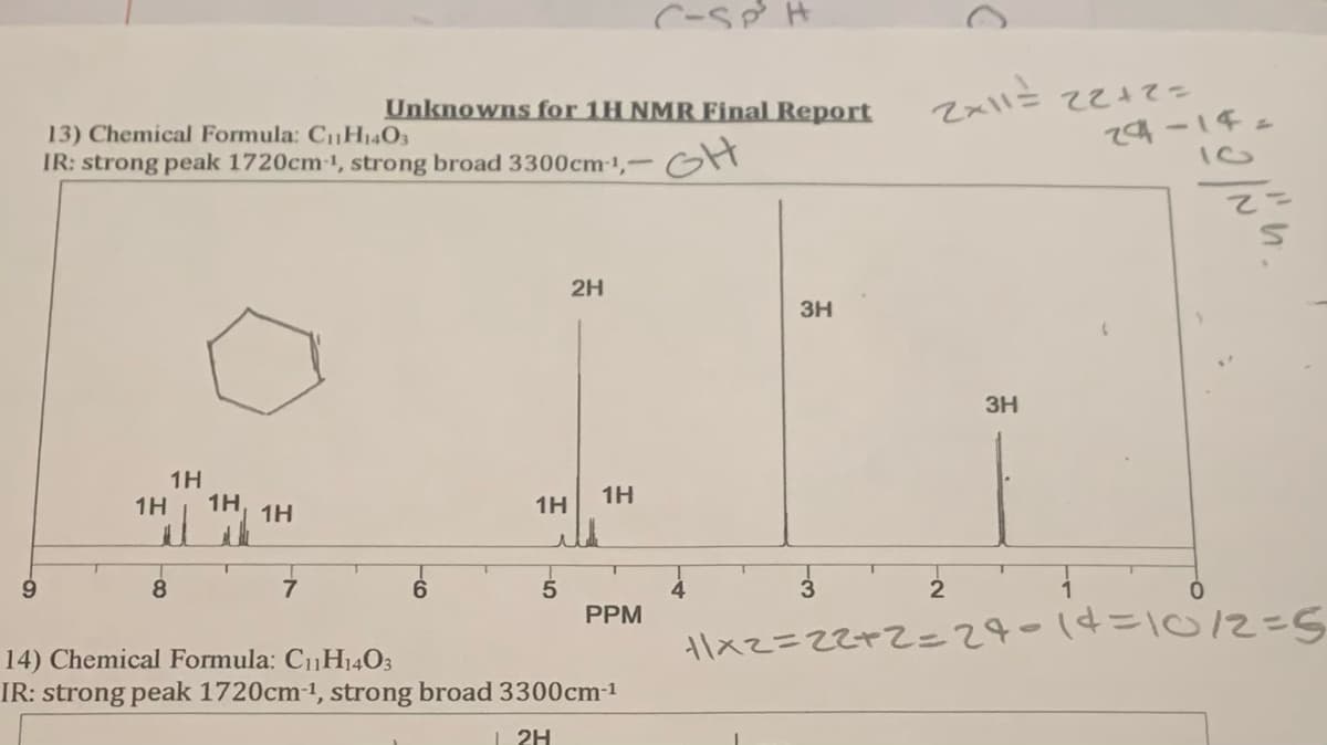 9
13) Chemical Formula: C₁1H1403
IR: strong peak 1720cm-1, strong broad 3300cm-¹,-
1H
1H
8
1H
1H
7
Unknowns for 1H NMR Final Report
-GH
1H
5
2H
12H
1H
PPM
14) Chemical Formula: C₁1H₁403
IR: strong peak 1720cm-1, strong broad 3300cm-¹
C-SP H
3H
3
2x11=
2
3H
22+2=
24-14=
10
(
'n
11x2=22+2=24=14=10/2=5