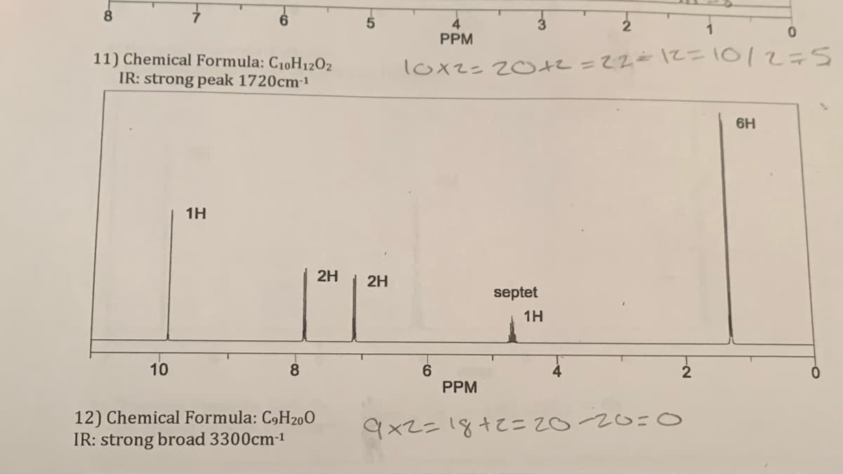 8
11) Chemical Formula: C₁0H12O2
IR: strong peak 1720cm-¹
10
1H
8
12) Chemical Formula: C9H200
IR: strong broad 3300cm-1
2H
2H
PPM
10x2= 20+2=22=12=10/2=5
6
PPM
septet
1H
9x2=18+2=20-20=0
2
0
6H