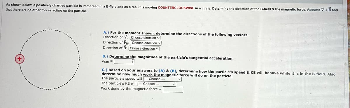 As shown below, a positively charged particle is immersed in a B-field and as a result is moving COUNTERCLOCKWISE in a circle. Determine the direction of the B-field & the magnetic force. Assume VLB and
that there are no other forces acting on the particle.
A.) For the moment shown, determine the directions of the following vectors.
Direction of V: Choose direction ✓
Direction of FB: [Choose direction
Direction of B: Choose direction
B.) Determine the magnitude of the particle's tangential acceleration.
atan =
C.) Based on your answers to (A) & (B), determine how the particle's speed & KE will behave while it is in the B-field. Also
determine how much work the magnetic force will do on the particle.
The particle's speed will --- Choose --
The particle's KE will - Choose ---
Work done by the magnetic force =