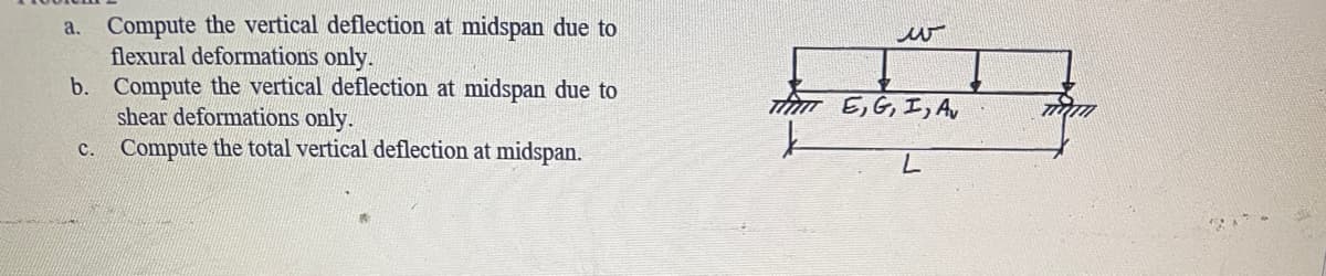 a. Compute the vertical deflection at midspan due to
flexural deformations only.
b. Compute the vertical deflection at midspan due to
shear deformations only.
Compute the total vertical deflection at midspan.
C.
w
E, G, I, Av
L
12 A