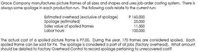 Grace Company manufactures picture frames of all sizes and shapes and uses job-order costing system. There is
always some spoilage in each production run. The following costs relate to the current run:
P 160,000
Estimated overhead (exclusive of spoilage)
Spoilage (estimated)
Sales value of spoiled frames
25,000
11,500
100,000
Labor hours
The actual cost of a spoiled picture frame is P7.00. During the year, 170 frames are considered spoiled. Each
spoiled frame can be sold for P4. The spoilage is considered a part of all jobs (factory overhead). What amount
should be debited to Factory Overhead Control to record spoilage pertaining to unrecovered cost?
