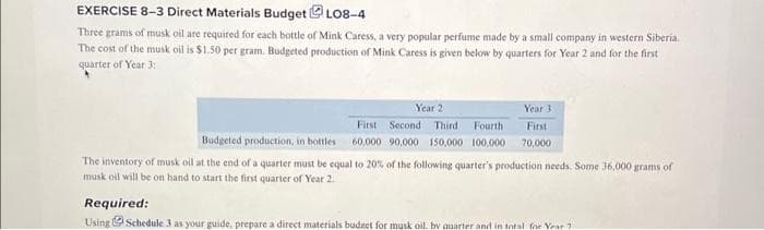 EXERCISE 8-3 Direct Materials BudgetⒸLO8-4
Three grams of musk oil are required for each bottle of Mink Caress, a very popular perfume made by a small company in western Siberia.
The cost of the musk oil is $1.50 per gram. Budgeted production of Mink Caress is given below by quarters for Year 2 and for the first
quarter of Year 3:
Year 2
First Second Third Fourth
Budgeted production, in bottles 60,000 90,000 150,000 100,000
Year 3
First
70,000
The inventory of musk oil at the end of a quarter must be equal to 20% of the following quarter's production needs. Some 36,000 grams of
musk oil will be on hand to start the first quarter of Year 2.
Required:
Using Schedule 3 as your guide, prepare a direct materials budget for musk oil, by quarter and in total for Year 1