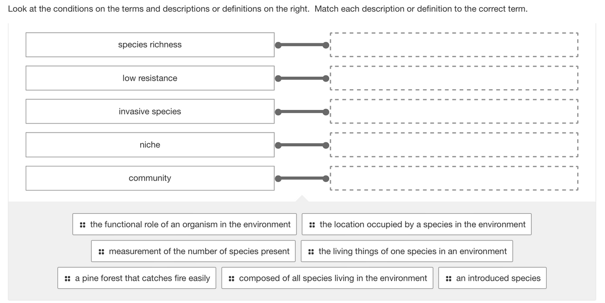 Look at the conditions on the terms and descriptions or definitions on the right. Match each description or definition to the correct term.
species richness
low resistance
invasive species
niche
community
( ) ) ) )
L
-
:: the functional role of an organism in the environment
:: measurement of the number of species present
:: a pine forest that catches fire easily
:: the location occupied by a species in the environment
:: the living things of one species in an environment
composed of all species living in the environment :: an introduced species