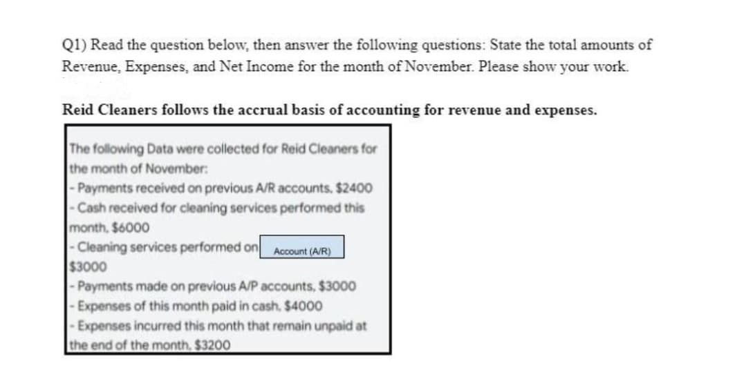 Q1) Read the question below, then answer the following questions: State the total amounts of
Revenue, Expenses, and Net Income for the month of November. Please show your work.
Reid Cleaners follows the accrual basis of accounting for revenue and expenses.
The following Data were collected for Reid Cleaners for
the month of November:
- Payments received on previous A/R accounts. $2400
- Cash received for cleaning services performed this
month, $6000
- Cleaning services performed on Account (AIR)
$3000
- Payments made on previous A/P accounts, $3000
- Expenses of this month paid in cash. $4000
-Expenses incurred this month that remain unpaid at
the end of the month, $3200
