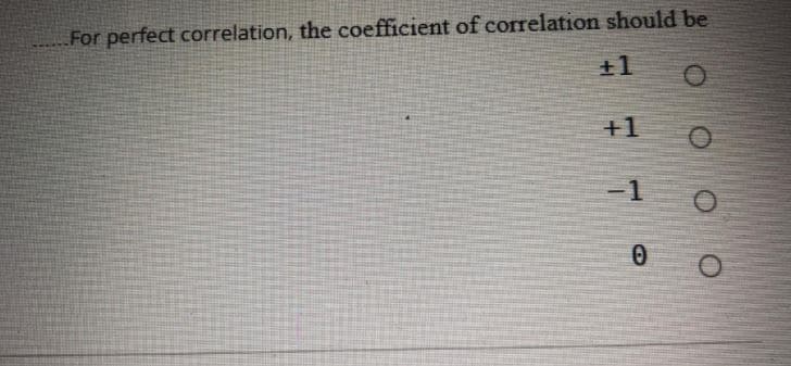 For perfect correlation, the coefficient of correlation should be
+1
+1
-1
