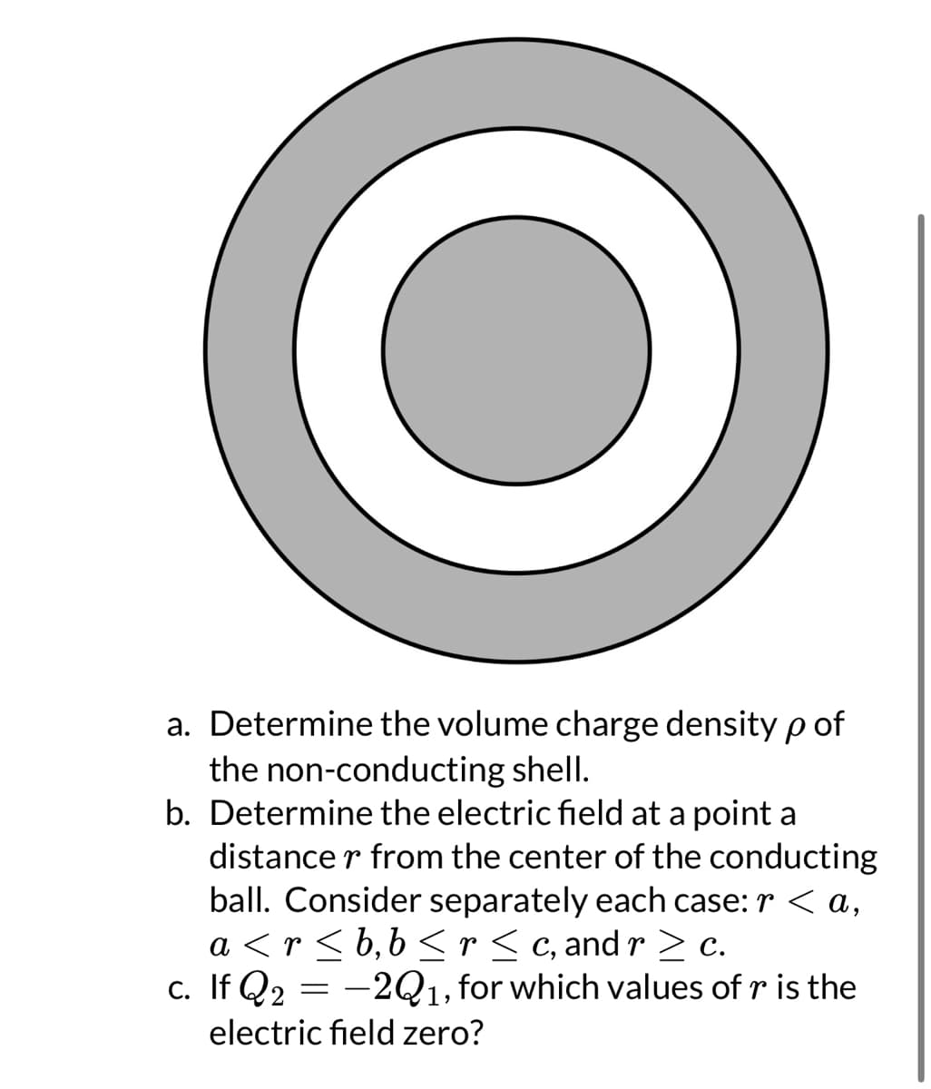 O
a. Determine the volume charge density p of
the non-conducting shell.
b. Determine the electric field at a point a
distance from the center of the conducting
ball. Consider separately each case: r < a,
a<r<b,b ≤ r ≤c, and r>c.
c. If Q₂ = -2Q1, for which values of r is the
Q2
electric field zero?
