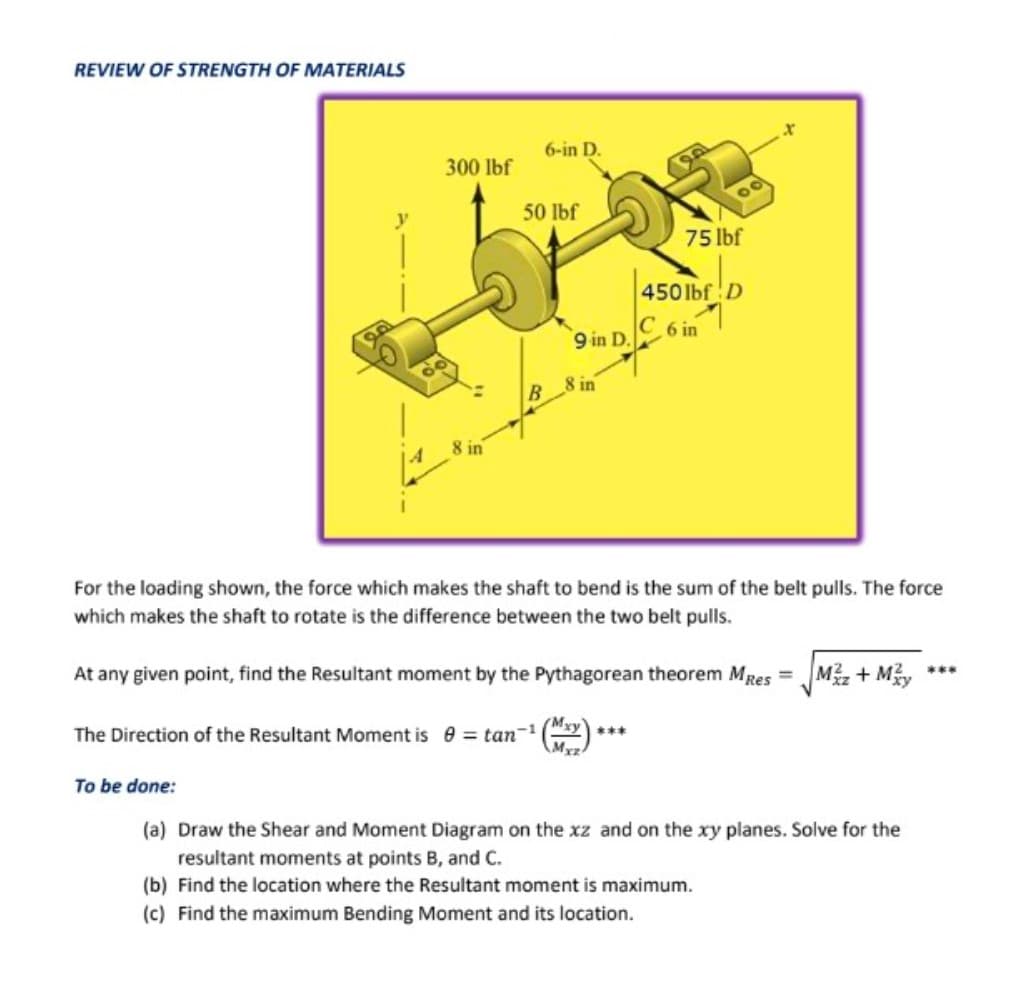 REVIEW OF STRENGTH OF MATERIALS
6-in D.
300 lbf
50 Ibf
75 lbf
450lbf D
9 in D.C 6 in
8 in
B
8 in
For the loading shown, the force which makes the shaft to bend is the sum of the belt pulls. The force
which makes the shaft to rotate is the difference between the two belt pulls.
At any given point, find the Resultant moment by the Pythagorean theorem MRes =
M + My
***
The Direction of the Resultant Moment is e = tan
Mxy **
-1
To be done:
(a) Draw the Shear and Moment Diagram on the xz and on the xy planes. Solve for the
resultant moments at points B, and C.
(b) Find the location where the Resultant moment is maximum.
(c) Find the maximum Bending Moment and its location.
