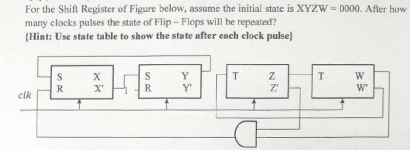 For the Shift Register of Figure below, assume the initial state is XYZW=0000. After how
many clocks pulses the state of Flip-Flops will be repeated?
{Hint: Use state table to show the state after each clock pulse}
clk
الشماليا لالة
S
R
X
X'
S
R
Y
Y'
T
T
W
W'
