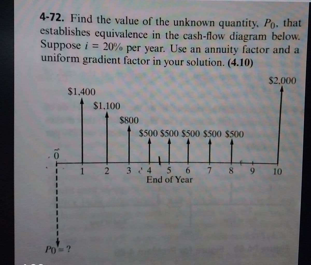 4-72. Find the value of the unknown quantity, Po, that
establishes equivalence in the cash-flow diagram below.
Suppose i = 20% per year. Use an annuity factor and a
uniform gradient factor in your solution. (4.10)
$1,400
PO = ?
1
$1,100
2
$800
$500 $500 $500 $500 $500
11
5 6
End of Year
3 24
789
$2,000
10