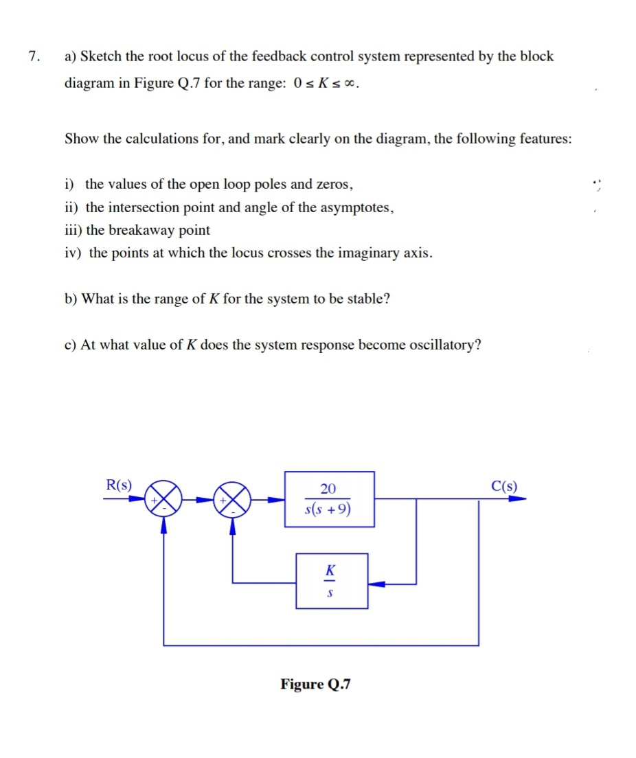 7.
a) Sketch the root locus of the feedback control system represented by the block
diagram in Figure Q.7 for the range: 0 s Ks0.
Show the calculations for, and mark clearly on the diagram, the following features:
i) the values of the open loop poles and zeros,
ii) the intersection point and angle of the asymptotes,
iii) the breakaway point
iv) the points at which the locus crosses the imaginary axis.
b) What is the range of K for the system to be stable?
c) At what value of K does the system response become oscillatory?
R(s)
20
C(s)
s(s +9)
K
Figure Q.7
