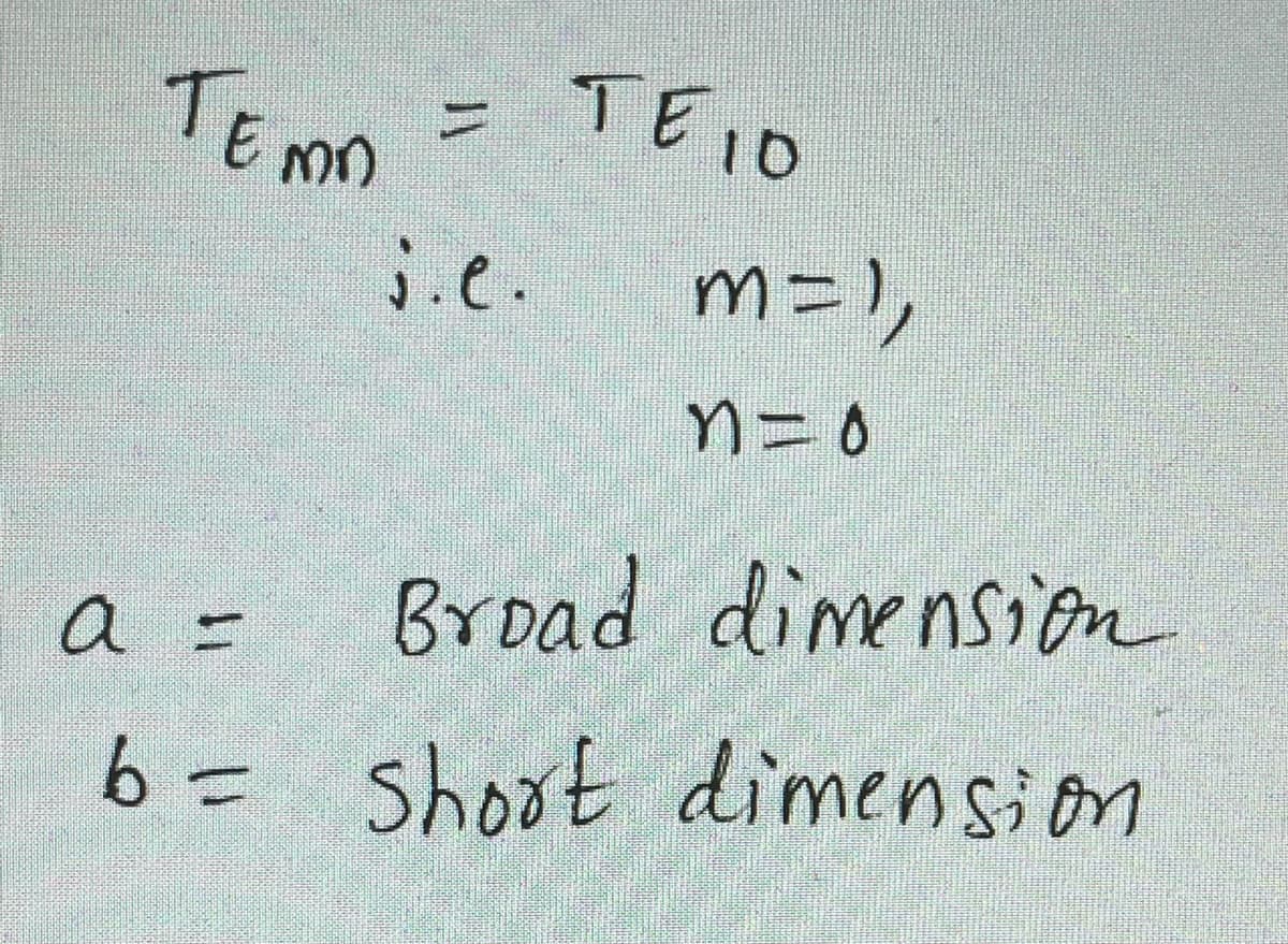 Темп
TE1O
j.e. m=1,
n=0
a =
Broad dimension
b = short dimension