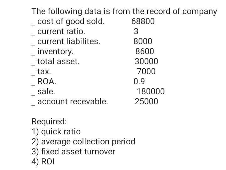 The following data is from the record of company
cost of good sold.
current ratio.
68800
3
|
current liabilites.
- inventory.
total asset.
8000
8600
30000
tax.
7000
-
ROA.
0.9
- sale.
180000
account recevable.
25000
Required:
1) quick ratio
2) average collection period
3) fixed asset turnover
4) ROI
