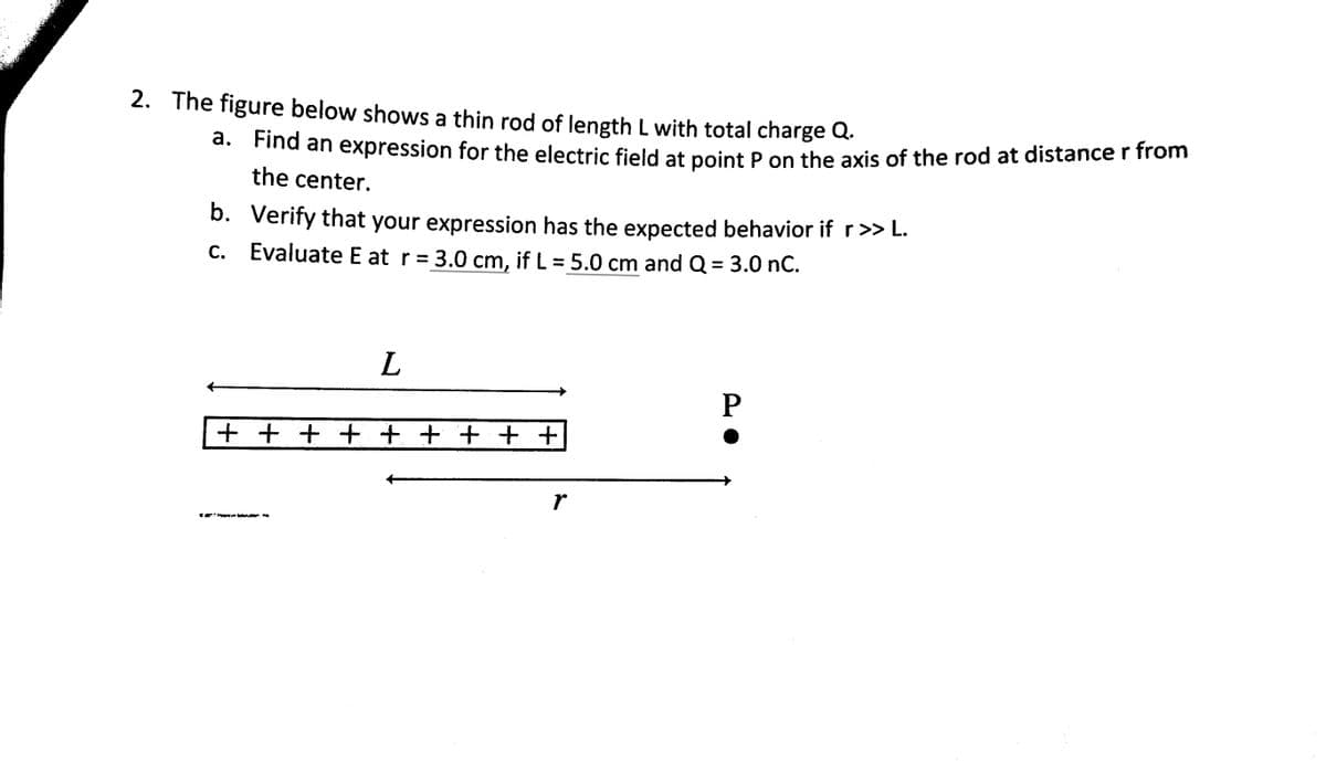 2. The figure below shows a thin rod of length L with total charge Q.
a. Find an expression for the electric field at point P on the axis of the rod at distance r from
the center.
b.
C.
Verify that your expression has the expected behavior if r>> L.
Evaluate E at r = 3.0 cm, if L = 5.0 cm and Q = 3.0 nC.
L
+ + + + + + + + +
€? Hearum falutation. Ins
r
P