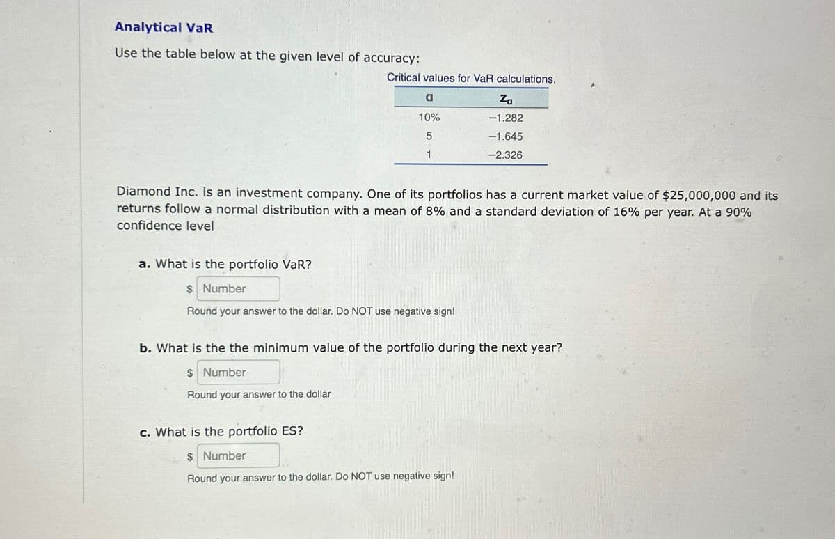 Analytical VaR
Use the table below at the given level of accuracy:
Critical values for VaR calculations.
a
Za
10%
-1.282
5
-1.645
1
-2.326
Diamond Inc. is an investment company. One of its portfolios has a current market value of $25,000,000 and its
returns follow a normal distribution with a mean of 8% and a standard deviation of 16% per year. At a 90%
confidence level
a. What is the portfolio VaR?
$ Number
Round your answer to the dollar. Do NOT use negative sign!
b. What is the the minimum value of the portfolio during the next year?
$ Number
Round your answer to the dollar
c. What is the portfolio ES?
$ Number
Round your answer to the dollar. Do NOT use negative sign!