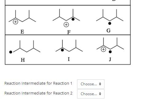 E
F
G
H
I
Reaction Intermediate for Reaction 1
Choose...
Reaction Intermediate for Reaction 2
Choose... +
