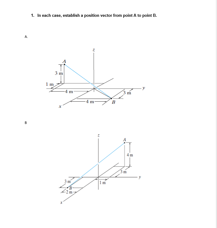 1. In each case, establish a position vector from point A to point B.
А.
3 m
1 m
-4 m
3 m
4 m
B
B
4 m
3 m
3 m
1m
B-
