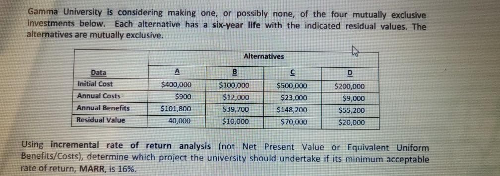 Gamma University is considering making one, or possibly none, of the four mutually exclusive
investments below. Each alternative has a six-year life with the indicated residual values. The
alternatives are mutually exclusive.
Alternatives
Data
A
B
D
Initial Cost
$400,000
$100,000
$500,000
$200,000
Annual Costs
$900
$12,000
$23,000
$9,000
Annual Benefits
$101,800
$39,700
$10,000
$148,200
$55,200
Residual Value
40,000
$70,000
$20,000
Using incremental rate of return analysis (not Net Present Value or Equivalent Uniform
Benefits/Costs), determine which project the university should undertake if its minimum acceptable
rate of return, MARR, is 16%.
