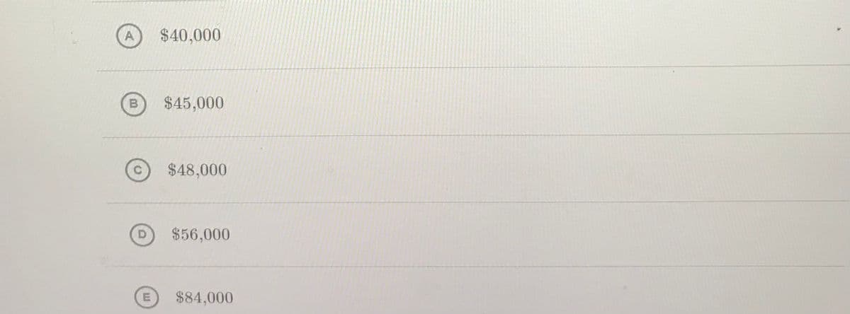 A
$40,000
B
$45,000
$48,000
$56,000
E
$84,000
