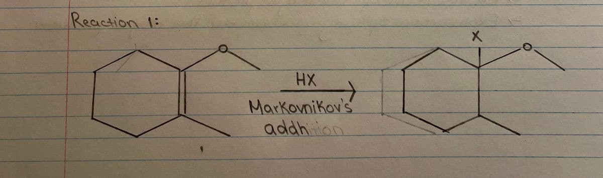 Reaction 1:
HX
Markovnikov's
addhition
→
X