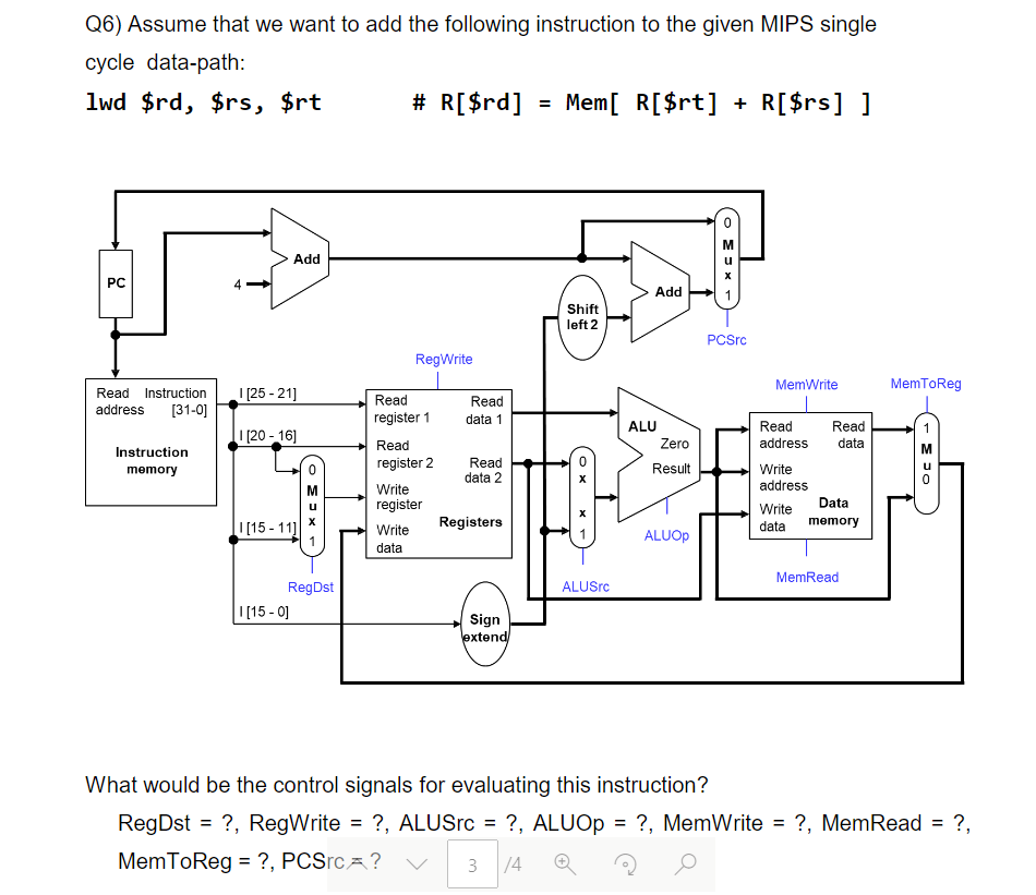 Q6) Assume that we want to add the following instruction to the given MIPS single
cycle data-path:
1wd $rd, $rs, $rt
# R[$rd] = Mem[ R[$rt] + R[$rs] ]
Add
PC
Shift
left 2
RegWrite
Read Instruction
address [31-0]
Instruction
memory
OMUX
RegDst
Add
Read
register 1
Read
register 2
Write
register
Write
data
ALU
MUX
Zero
Result
ALUOP
1 [25-21]
Read
data 1
1 [20-16]
Read
data 2
1[15-11]
Registers
1
MemRead
ALUSrc
1[15-0]
Sign
extend
What would be the control signals for evaluating this instruction?
RegDst = ?, RegWrite = ?, ALUSrc = ?, ALUOp = ?, MemWrite = ?, MemRead = ?,
MemToReg = ?, PCSrc?
3 /4
М
PCSrc
MemWrite
Read
address
Write
address
Write
data
Read
data
MemToReg
1
Data
memory
M JO