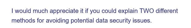 I would much appreciate it if you could explain TWO different
methods for avoiding potential data security issues.