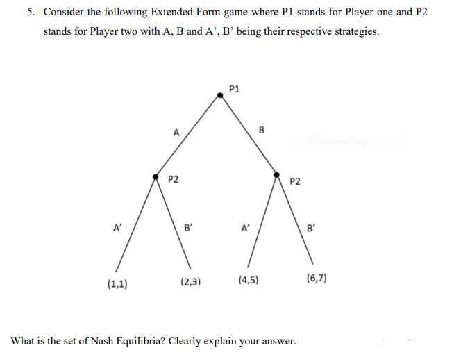 5. Consider the following Extended Form game where P1 stands for Player one and P2
stands for player two with A, B and A', B' being their respective strategies.
A'
(1,1)
P2
B'
(2,3)
P1
A'
B
(4,5)
P2
What is the set of Nash Equilibria? Clearly explain your answer.
Full-screen Snip
B'
(6,7)