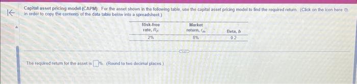 K
Capital asset pricing model (CAPM) For the asset shown in the following table, use the capital asset pricing model to find the required return. (Click on the icon here
in order to copy the contents of the data table below into a spreadsheet.)
Risk free
rate, Re
2%
The required return for the asset is (Round to two decimal places)
Market
return, f
8%
CONTE
Beta, b
0.2