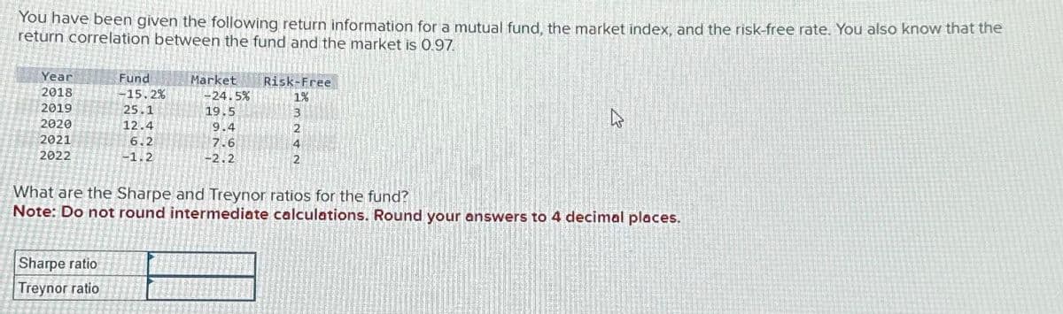 You have been given the following return information for a mutual fund, the market index, and the risk-free rate. You also know that the
return correlation between the fund and the market is 0.97.
Year
2018
2019
2020
2021
2022
Fund
-15,2%
25.1
12.4
6.2
-1.2
Sharpe ratio
Treynor ratio
Market
-24.5%
19.5
9.4
7.6
-2.2
Risk-Free
1%
3
2
4
2
What are the Sharpe and Treynor ratios for the fund?
Note: Do not round intermediate calculations. Round your answers to 4 decimal places.