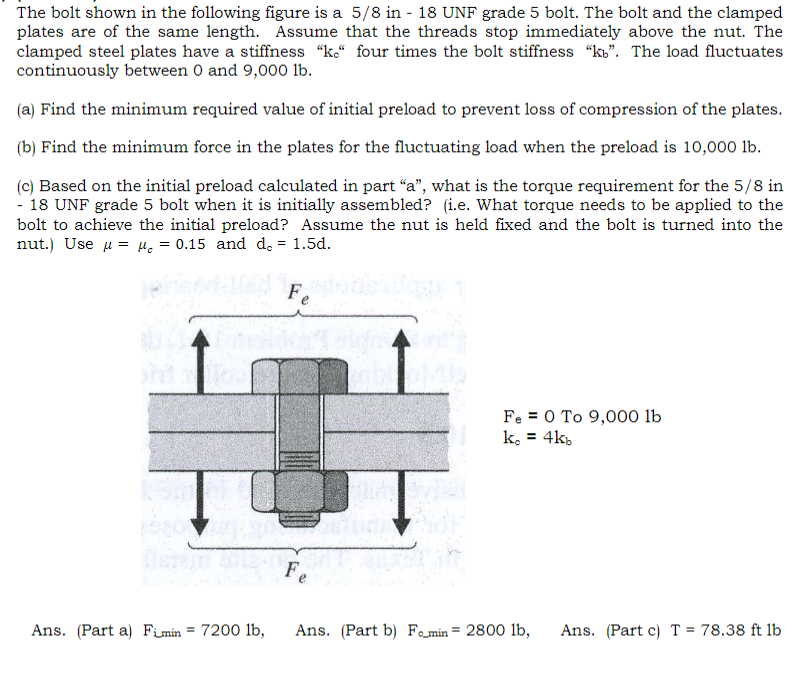 The bolt shown in the following figure is a 5/8 in - 18 UNF grade 5 bolt. The bolt and the clamped
plates are of the same length. Assume that the threads stop immediately above the nut. The
clamped steel plates have a stiffness "k." four times the bolt stiffness "k". The load fluctuates
continuously between 0 and 9,000 lb.
(a) Find the minimum required value of initial preload to prevent loss of compression of the plates.
(b) Find the minimum force in the plates for the fluctuating load when the preload is 10,000 lb.
(c) Based on the initial preload calculated in part “a”, what is the torque requirement for the 5/8 in
18 UNF grade 5 bolt when it is initially assembled? (i.e. What torque needs to be applied to the
bolt to achieve the initial preload? Assume the nut is held fixed and the bolt is turned into the
nut.) Use μμ₁ = 0.15 and d₁ = 1.5d.
Fe
Fe 0 To 9,000 lb
k₁ = 4kb
Fe
Ans. (Part a) Fimin = 7200 lb, Ans. (Part b) Fo_min=2800 lb, Ans. (Part c) T = 78.38 ft lb