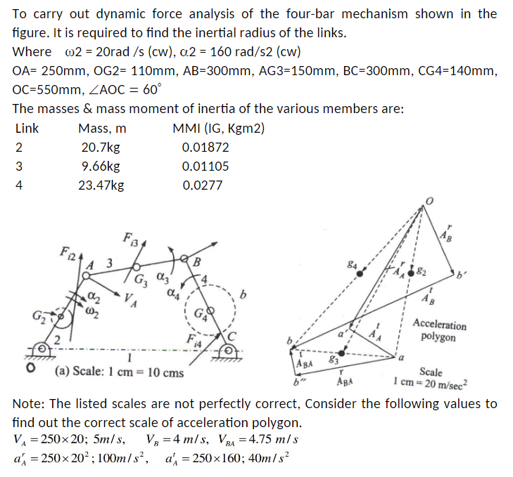 To carry out dynamic force analysis of the four-bar mechanism shown in the
figure. It is required to find the inertial radius of the links.
Where 2 = 20rad /s (cw), a2 = 160 rad/s2 (cw)
OA= 250mm, OG2= 110mm, AB=300mm, AG3=150mm, BC=300mm, CG4=140mm,
OC=550mm, ZAOC = 60°
The masses & mass moment of inertia of the various members are:
Link
MMI (IG, Kgm2)
2
WN
3
4
Mass, m
20.7kg
9.66kg
23.47kg
Fit
00₂
3
F31
G3
VA
α3
0.01872
0.01105
0.0277
1
(a) Scale: 1 cm = 10 cms
F
ABA
83
Y
ABA
AB
Acceleration
polygon
Scale
1 cm = 20 m/sec²
Note: The listed scales are not perfectly correct, Consider the following values to
find out the correct scale of acceleration polygon.
V₁ = 250×20; 5m/s, VR 4 m/s, VRA = 4.75 m/s
a = 250×20²; 100m/s², a' = 250x160; 40m/s²