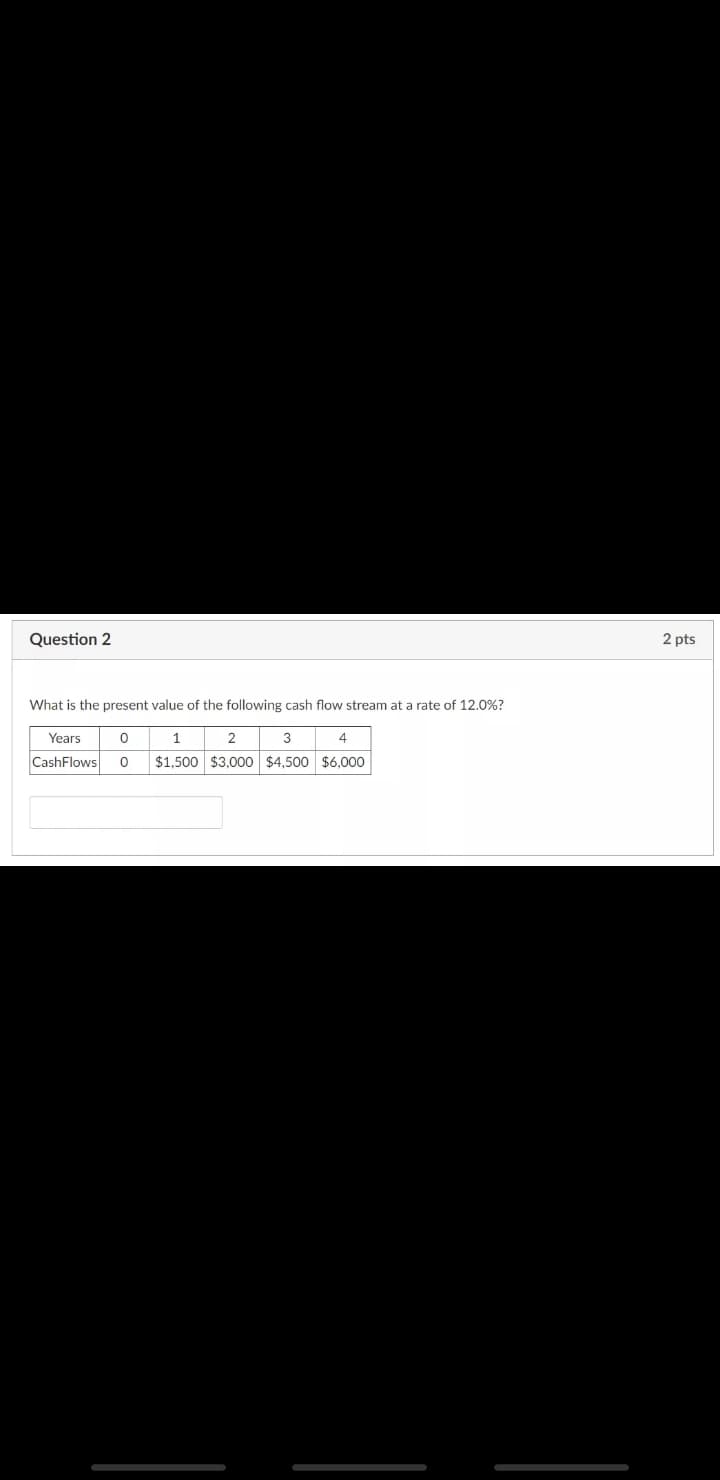 Question 2
2 pts
What is the present value of the following cash flow stream at a rate of 12.0%?
Years
1
2
3
4
CashFlows
$1,500 $3,000 $4,500 $6,000
