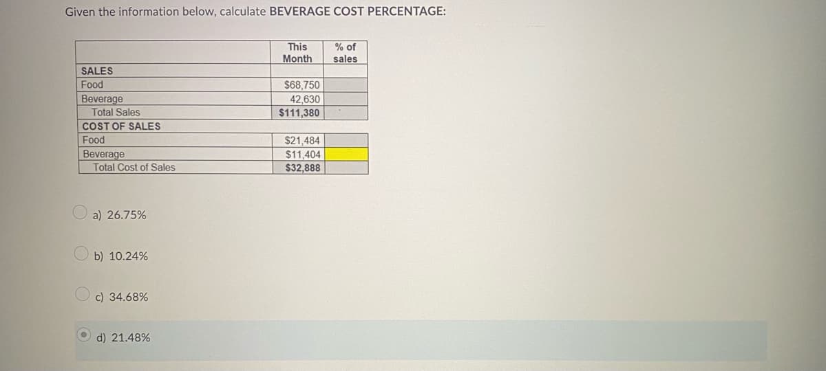Given the information below, calculate BEVERAGE COST PERCENTAGE:
SALES
Food
Beverage
Total Sales
COST OF SALES
Food
Beverage
Total Cost of Sales
a) 26.75%
b) 10.24%
c) 34.68%
d) 21.48%
This
Month
$68,750
42,630
$111,380
man
$21,484
$11,404
$32,888
% of
sales