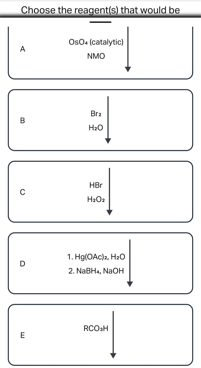 Choose the reagent(s) that would be
A
OsO4 (catalytic)
NMO
Br2
B
El
H₂O
HBr
의
H₂O2
1. Hg(OAc)2, H₂O
2. NaBH4, NaOH
RCO 3H
C
D
E